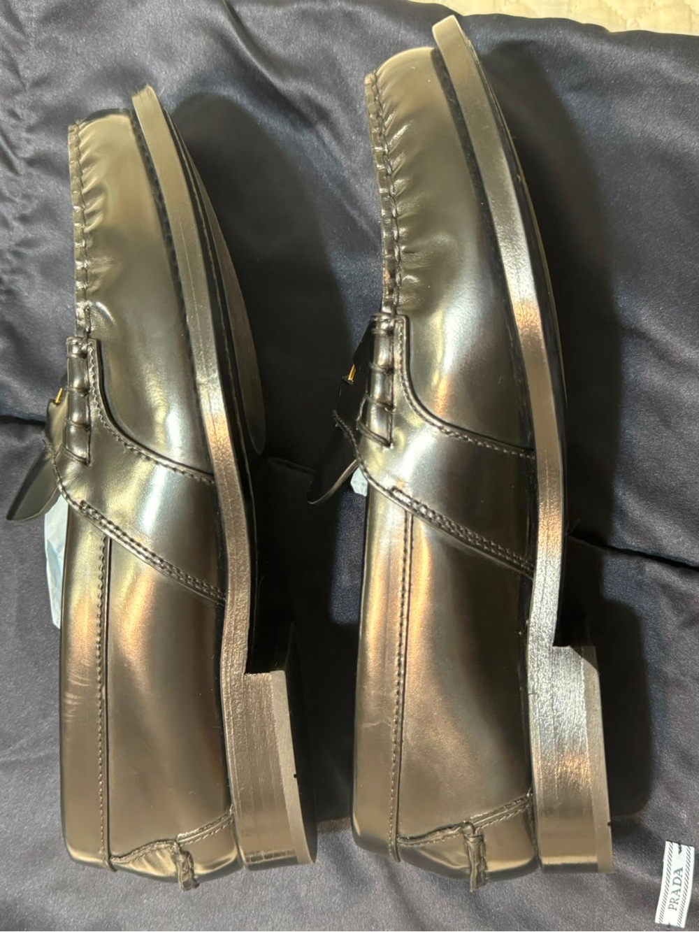 Prada Black Leather Penny Loafers with Gold Logo Hardware - Picture 5 of 12